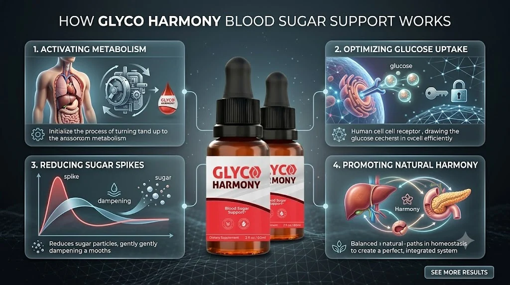 How Glyco Harmony works: activating metabolism, optimizing glucose uptake, reducing sugar spikes, promoting natural harmony